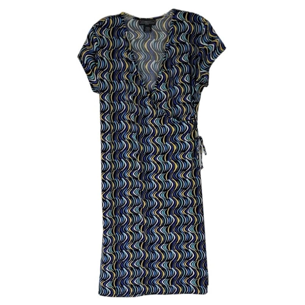 Elementz Dress Women’s L Petite Blue Black Yellow V Neck Faux Wrap‎ Short Sleeve